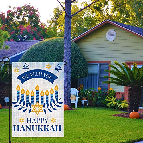 Happy Hanukkah Garden Flag Double Sided Burlap Flag for December Chanukah Decoration - Menorah Star of David Jewish Holiday Garden Outdoor & Yard Decoration Flag (12x18 Inch)