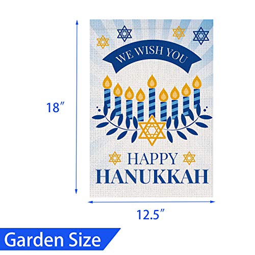 Happy Hanukkah Garden Flag Double Sided Burlap Flag for December Chanukah Decoration - Menorah Star of David Jewish Holiday Garden Outdoor & Yard Decoration Flag (12x18 Inch)