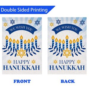 Happy Hanukkah Garden Flag Double Sided Burlap Flag for December Chanukah Decoration - Menorah Star of David Jewish Holiday Garden Outdoor & Yard Decoration Flag (12x18 Inch)