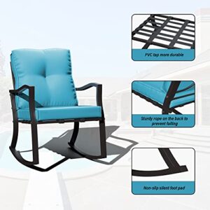 RTDTD 3 Piece Outdoor Rocking Chairs Patio Bistro Sets Modern Patio Furniture Set Conversation Sets with Coffee Table & 2 Blue Thickened Cushions for Garden, Pool, Backyard