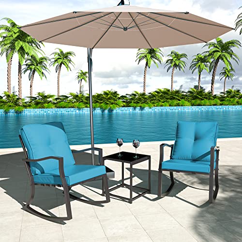 RTDTD 3 Piece Outdoor Rocking Chairs Patio Bistro Sets Modern Patio Furniture Set Conversation Sets with Coffee Table & 2 Blue Thickened Cushions for Garden, Pool, Backyard