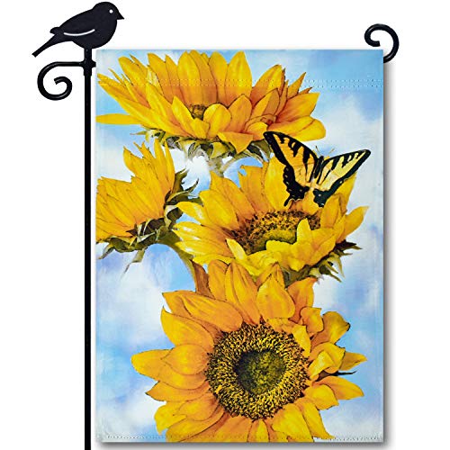 LAYOER Garden flag 12.5 x 18 Inch Yellow Sweet Sunflower Flower Butterfly Spring Decoration Double Sided Yard Outdoor Banner