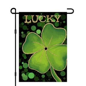 Lucky St Patricks Day Small Garden Flag 12x18 Inch Vertical Double Sided Burlap, Green Shamrock Sign Farmhouse Holiday Yard Outside Decoration DF201