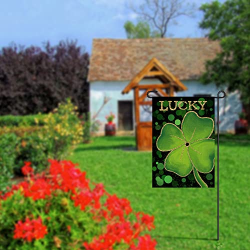 Lucky St Patricks Day Small Garden Flag 12x18 Inch Vertical Double Sided Burlap, Green Shamrock Sign Farmhouse Holiday Yard Outside Decoration DF201