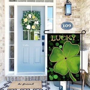 Lucky St Patricks Day Small Garden Flag 12x18 Inch Vertical Double Sided Burlap, Green Shamrock Sign Farmhouse Holiday Yard Outside Decoration DF201