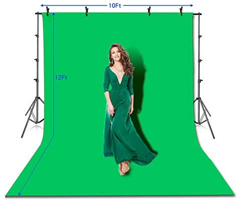 HYJ-INC Photo Video Studio 10 x12ft 100% Cotton Muslin Chromakey Green Screen Backdrop with 8.5 x 10ft Stand Photography Background Support System Kit Clamp, Carry Bag