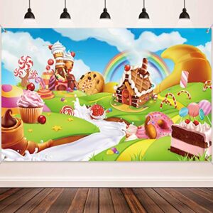 donut candy birthday party backdrop banner, christmas large fabric sweet donut candy backdrop for candy party decoration, sweet cartoon landscape baby shower background photo props, 72.8 x 43.3 inch