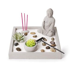 cement zen garden – all-in-one miniature rustic garden – artificial sculpture made from resin and concrete – mini set with rocks, sand, candle and incense holder – brilliant home or office decoration