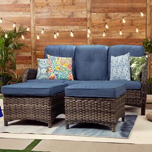 MeetLeisure Patio Furniture Set 3-Piece Wicker Outdoor Furniture Conversational Sets with 3-Seat Sofa, 2 Ottoman Patio Rattan Wicker Sectional Sofa Set with Waterproof Cover, Blue