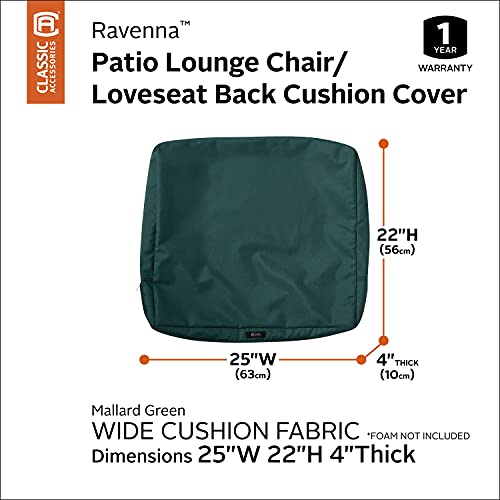 Classic Accessories Ravenna Water-Resistant 25 x 22 x 4 Inch Outdoor Back Cushion Slip Cover, Patio Furniture Cushion Cover, Mallard Green, Patio Furniture Cushion Covers