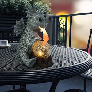 WONDER GARDEN Dragon Statue - Spitfire Dragon Figurines Solar Light Resin Garden Statues with Crackled Glass Globe Outdoor Waterproof Lawn Ornament Decor