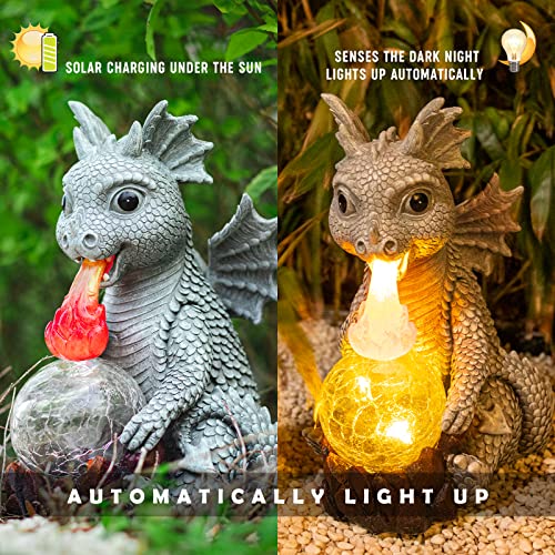 WONDER GARDEN Dragon Statue - Spitfire Dragon Figurines Solar Light Resin Garden Statues with Crackled Glass Globe Outdoor Waterproof Lawn Ornament Decor