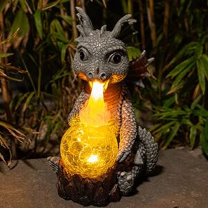 WONDER GARDEN Dragon Statue - Spitfire Dragon Figurines Solar Light Resin Garden Statues with Crackled Glass Globe Outdoor Waterproof Lawn Ornament Decor