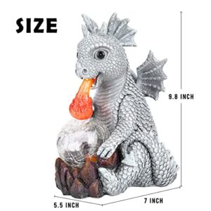 WONDER GARDEN Dragon Statue - Spitfire Dragon Figurines Solar Light Resin Garden Statues with Crackled Glass Globe Outdoor Waterproof Lawn Ornament Decor