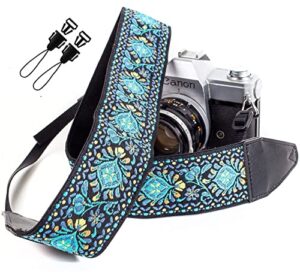 art tribute blue woven vintage camera strap for all dslr camera. embroidered elegant universal neck & shoulder strap, floral pattern, great photographer gift for men & women photographers