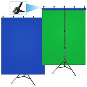 hemmotop green screen backdrop with stand kit 5×6.5ft for zoom, 2-in-1 reversible blue screen and green screen with portable t-shaped background support stand, 5 x backdrop clip