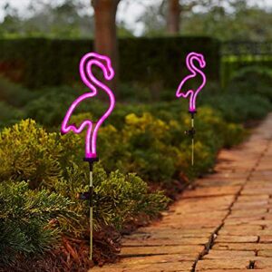 flamingo solar garden stake lights, [set of 2] outdoor solar pathway light for lawn patio yard walkway, neon pink lighting (29.5″ height)