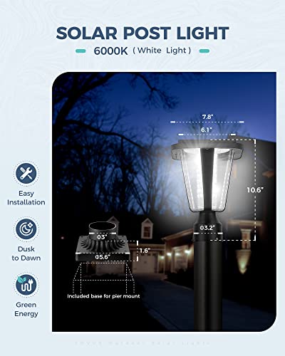 Lovus 2Pack Solar Post Light Fixture, Two Mounting Ways, Pole/Pier Mount 6000k Outdoor Solar Post Lamp Dusk to Dawn for Patio, Garden