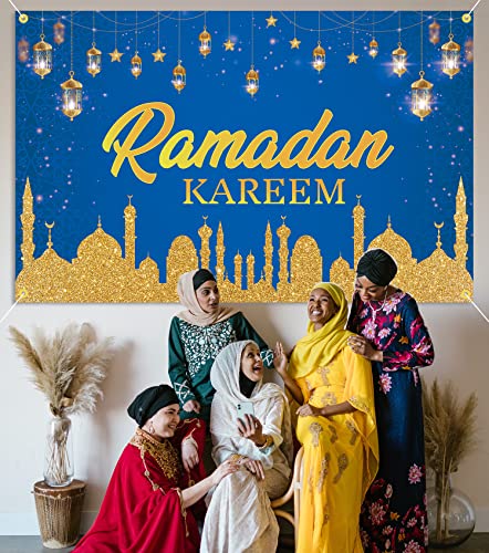 JOZON Ramadan Kareem Backdrop Banner 71 x 45 Inch Large Size Ramadan Mubarak Blue Gold Background Banner Islamic Eid Mubarak Festival Party Decorations Supplies Muslim Ramadan Photo Booth Props