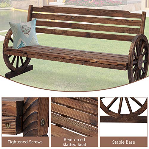 Kinsunny Wooden Wagon Wheel Bench Yard Decorative 3-Person Fir Wood Seat Bench with Backrest Rustic Style for Bench Patio Garden