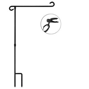 hoosun garden flag stand holder pole easy to install strong sturdy wrought iron fits 12.5″ x 18″ mini flag with 1 tiger clip curved hook with s type (1)