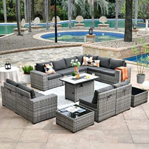 hooowooo outdoor patio furniture set 13 pieces wicker outdoor sectional furniture set sectional patio conversation set modular outdoor sofa set with gas fire pit table,coffee side table,black