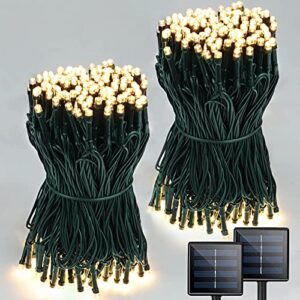 super-long 2-pack each 85ft solar string lights outdoor, 480 led extra-bright solar christmas lights outdoor, waterproof green wire 8 modes solar xmas tree lights outdoor decorations (warm white)