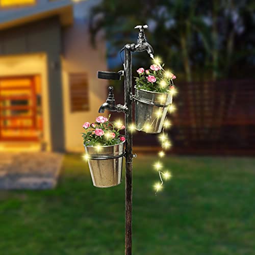 MorTime Solar Faucet Garden Stake with Two Planters, LED Lights Flowing Water Retro Metal Faucet Yard Stake Outdoor Plant Holder Flower Pots for Lawn Garden Decorations