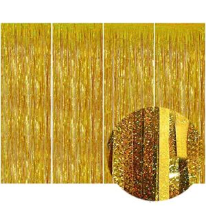 gold fringe curtain backdrop, 4pcs 3.2×8 feet gold foil curtain, gold streamers for photo booth props party backdrop decorations