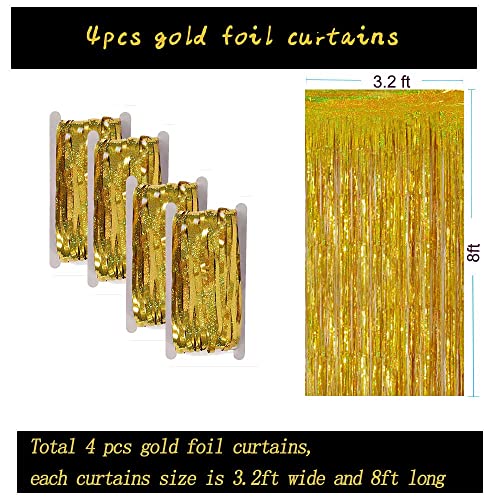 Gold Fringe Curtain Backdrop, 4pcs 3.2x8 Feet Gold Foil Curtain, Gold Streamers for Photo Booth Props Party Backdrop Decorations