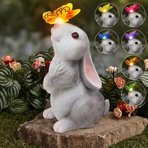 sinhra garden statue outdoor decor-rabbit with solar butterfly changing lights garden statues,bunny statue for patio,balcony,yard,lawn ornament,gardening gifts for mom grandma