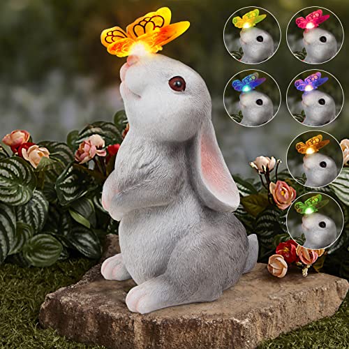 Sinhra Garden Statue Outdoor Decor-Rabbit with Solar Butterfly Changing Lights Garden Statues,Bunny Statue for Patio,Balcony,Yard,Lawn Ornament,Gardening Gifts for Mom Grandma