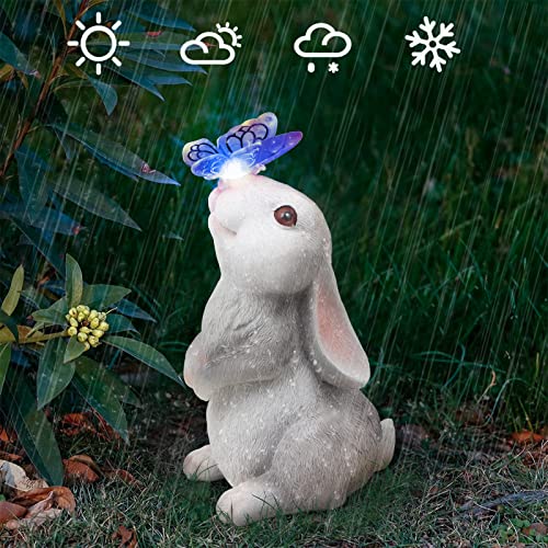 Sinhra Garden Statue Outdoor Decor-Rabbit with Solar Butterfly Changing Lights Garden Statues,Bunny Statue for Patio,Balcony,Yard,Lawn Ornament,Gardening Gifts for Mom Grandma
