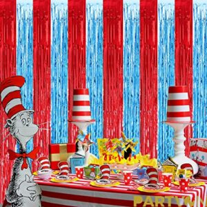 Circus Carnival Red Blue Tinsel Foil Fringe Curtains - Dr Seuss Birthday Dr. Suess Cat in The Hat Theme Party Indoor Outdoor Decoration Photo Props Backdrops Nurse Graduation Party Supplies