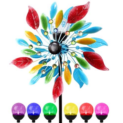 Solar Wind Spinner for Yard and Garden, 63in Outdoor Metal Garden Lawn Decor with Solar Powered Color Changing LED Lighting Glass Ball, 360 Degrees Swivel Dual Direction Wind Sculpture Spinners A-63in