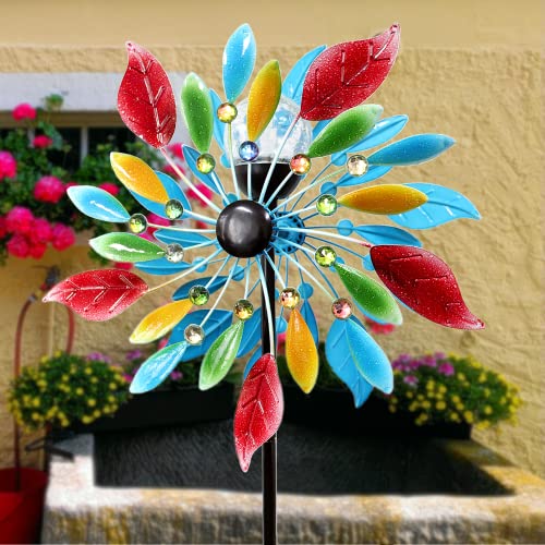 Solar Wind Spinner for Yard and Garden, 63in Outdoor Metal Garden Lawn Decor with Solar Powered Color Changing LED Lighting Glass Ball, 360 Degrees Swivel Dual Direction Wind Sculpture Spinners A-63in