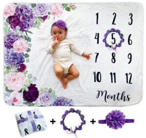 baby monthly milestone blanket | includes floral wreath & headband | 1 to 12 months | extra soft fleece | best photography backdrop photo prop for newborn | baby girl