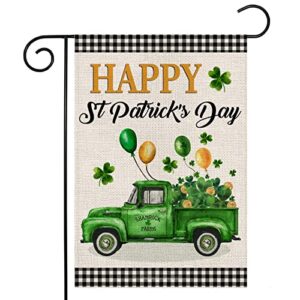 ekorest happy st patrick’s day garden flag 12×18 inch vertical double sided,buffalo plaid truck with shamrock balloons small st. patricks day yard flag for outdoor farmhouse holiday outside decoration