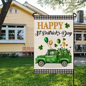 EKOREST Happy St Patrick's Day Garden Flag 12x18 Inch Vertical Double Sided,Buffalo Plaid Truck with Shamrock Balloons Small St. Patricks Day Yard Flag for Outdoor Farmhouse Holiday Outside Decoration