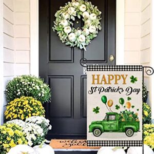 EKOREST Happy St Patrick's Day Garden Flag 12x18 Inch Vertical Double Sided,Buffalo Plaid Truck with Shamrock Balloons Small St. Patricks Day Yard Flag for Outdoor Farmhouse Holiday Outside Decoration