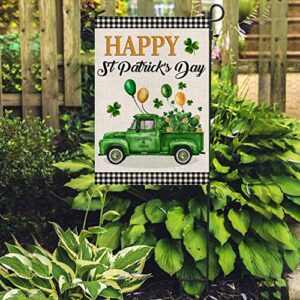 EKOREST Happy St Patrick's Day Garden Flag 12x18 Inch Vertical Double Sided,Buffalo Plaid Truck with Shamrock Balloons Small St. Patricks Day Yard Flag for Outdoor Farmhouse Holiday Outside Decoration