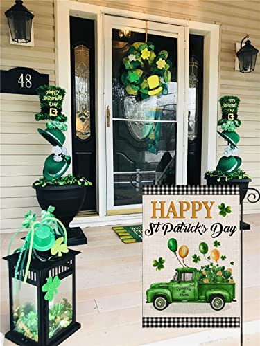 EKOREST Happy St Patrick's Day Garden Flag 12x18 Inch Vertical Double Sided,Buffalo Plaid Truck with Shamrock Balloons Small St. Patricks Day Yard Flag for Outdoor Farmhouse Holiday Outside Decoration