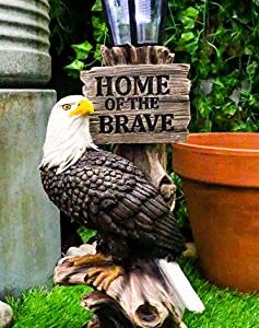 Ebros Home of The Brave Patriotic American Bald Eagle Perching On Tree Stump Garden Courtesy Night Light Statue Solar LED Lantern Lamp Guest Greeter Decor for Patio Poolside Home Figurine