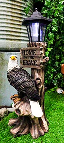 Ebros Home of The Brave Patriotic American Bald Eagle Perching On Tree Stump Garden Courtesy Night Light Statue Solar LED Lantern Lamp Guest Greeter Decor for Patio Poolside Home Figurine