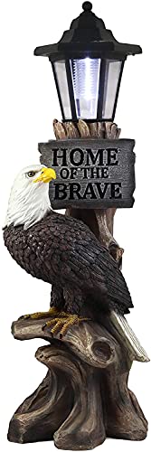 Ebros Home of The Brave Patriotic American Bald Eagle Perching On Tree Stump Garden Courtesy Night Light Statue Solar LED Lantern Lamp Guest Greeter Decor for Patio Poolside Home Figurine