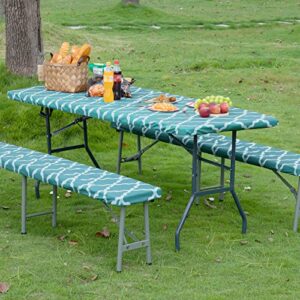 easy-going 100% waterproof picnic outdoor tablecloth with bench covers fit 6 foot rectangle table, 3-piece set camping table cover with seat covers (30×72 in, moroccan/teal & white)