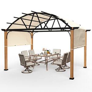 happatio 10′ x 13′ outdoor pergola with sling retractable pergola canopy，wood-like aluminum patio pergola shade for patio, backyard, garden,poolside