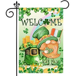 st patricks day garden flag, st patricks day flag 12×18 double sided, st. patrick’s day burlap yard flag with gnomes leprechaun shamrock irish clover welcome vertical signs for outdoor decorations