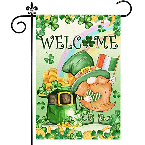 St Patricks Day Garden Flag, St Patricks Day Flag 12x18 Double Sided, St. Patrick's Day Burlap Yard Flag with Gnomes Leprechaun Shamrock Irish Clover Welcome Vertical Signs for Outdoor Decorations