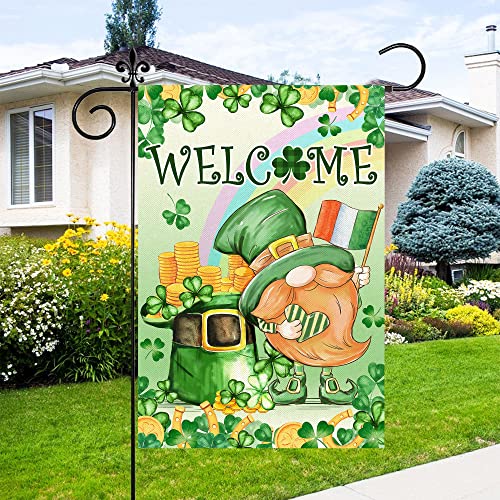 St Patricks Day Garden Flag, St Patricks Day Flag 12x18 Double Sided, St. Patrick's Day Burlap Yard Flag with Gnomes Leprechaun Shamrock Irish Clover Welcome Vertical Signs for Outdoor Decorations